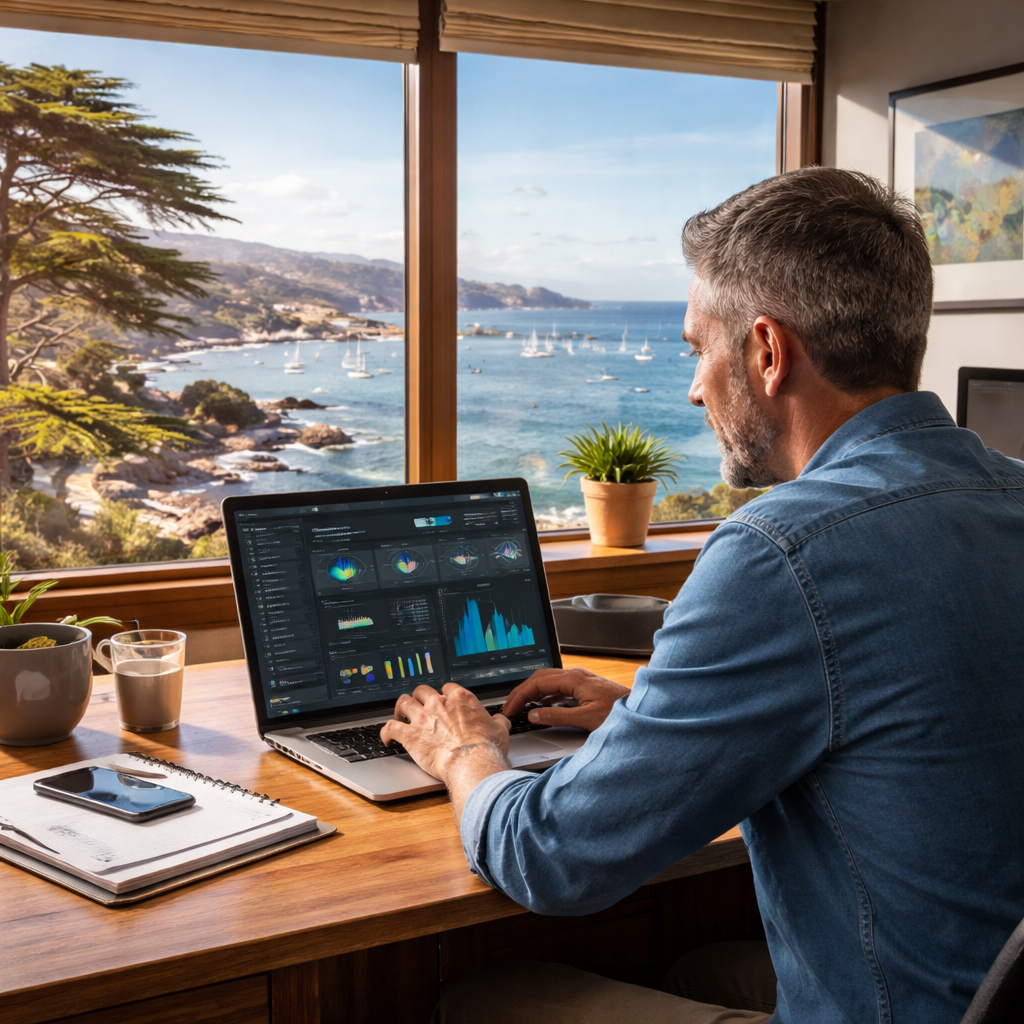 A photorealistic scene of a small Monterey business owner reviewing cloud security dashboards on a laptop, with a coastal view of Monterey Bay visible through the office window. Alt: cybersecurity services Monterey – cloud security monitoring and remote workforce protection.