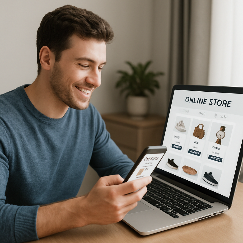 Un usuario navegando cómodamente en una tienda online desde su teléfono móvil y computadora, mostrando un diseño web claro y fácil de usar. Alt: Optimización de experiencia de usuario para aumentar la tasa de conversión en ecommerce.