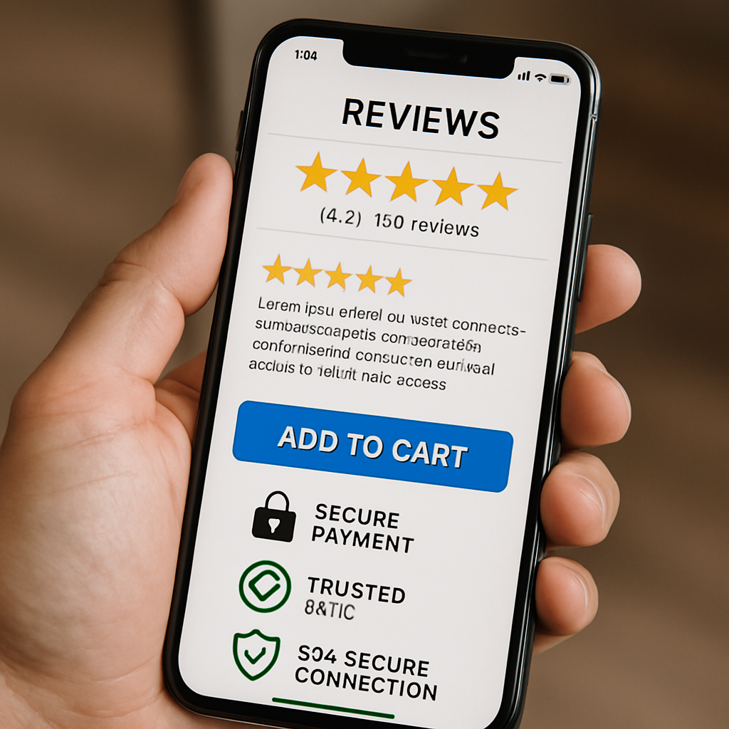 Mano sosteniendo un smartphone donde se ven reseñas positivas y certificados de seguridad en una tienda online. Alt: Ejemplo de social proof y señales de confianza para ecommerce