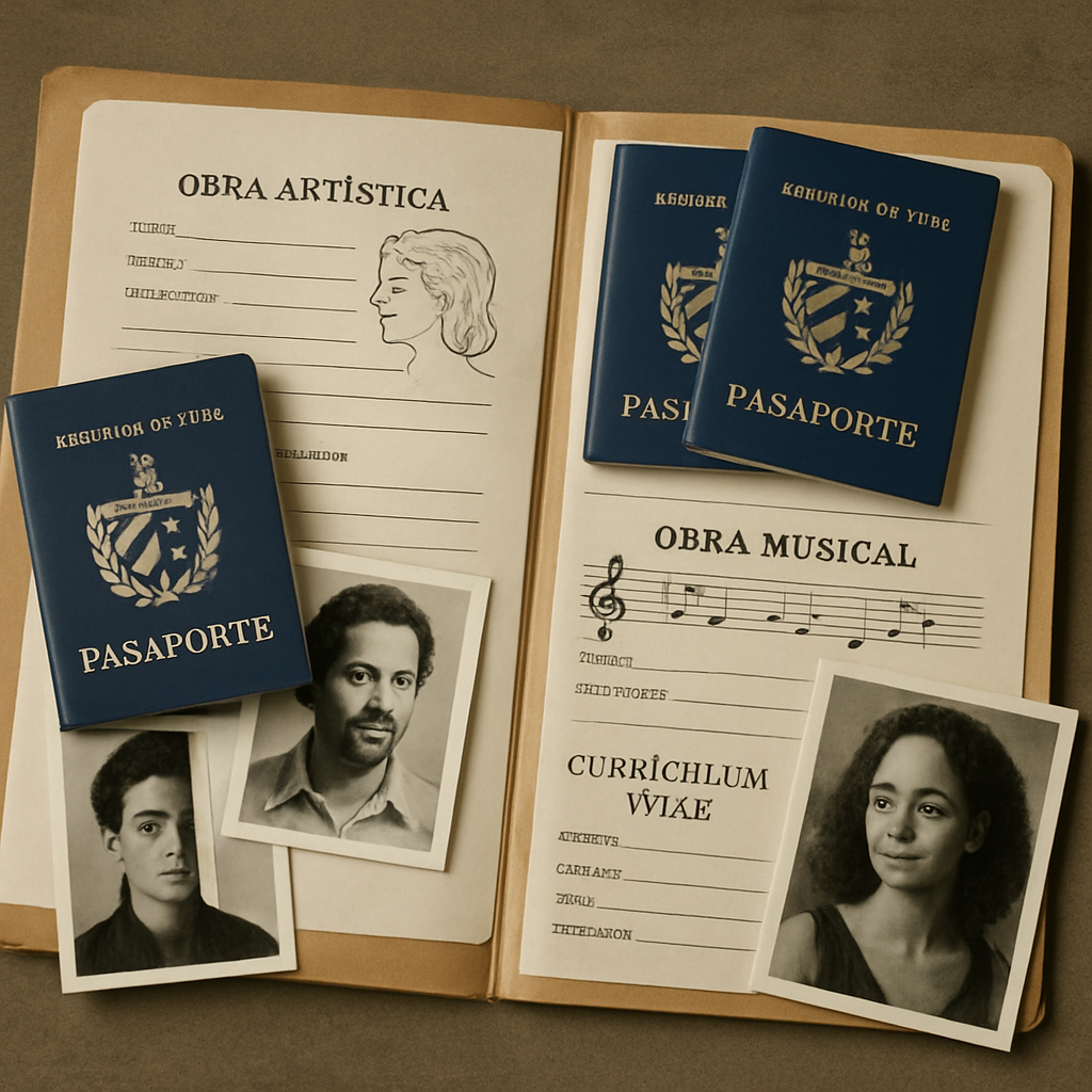 Una carpeta abierta con documentos artísticos y musicales cubanos, pasaportes, currículum y fotos. Alt: Documentación para el registro de artistas cubanos en Europa