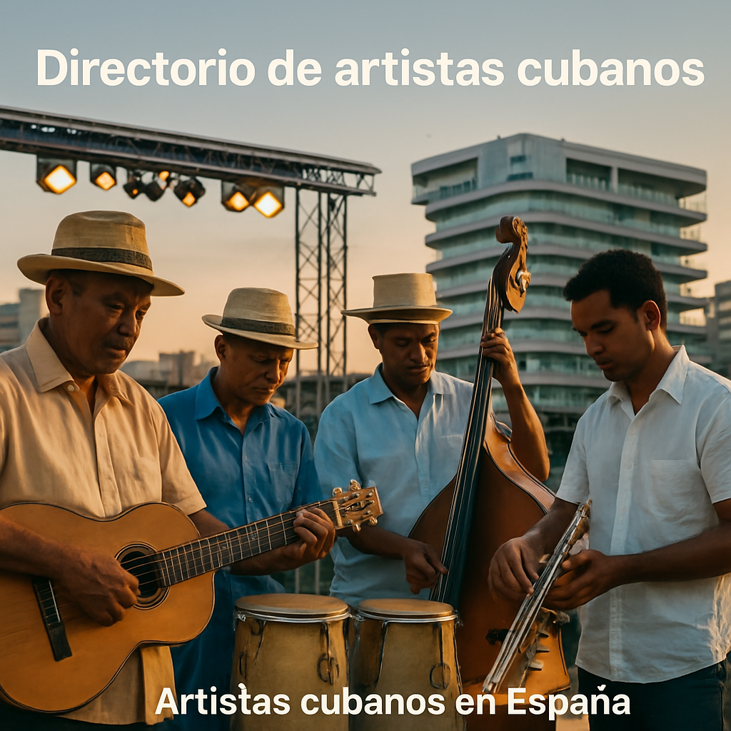 Un grupo de músicos cubanos afinando sus instrumentos frente a un escenario al atardecer, con la arquitectura moderna de una terraza en Madrid de fondo. Alt: artistas cubanos preparando su espectáculo para eventos en España.