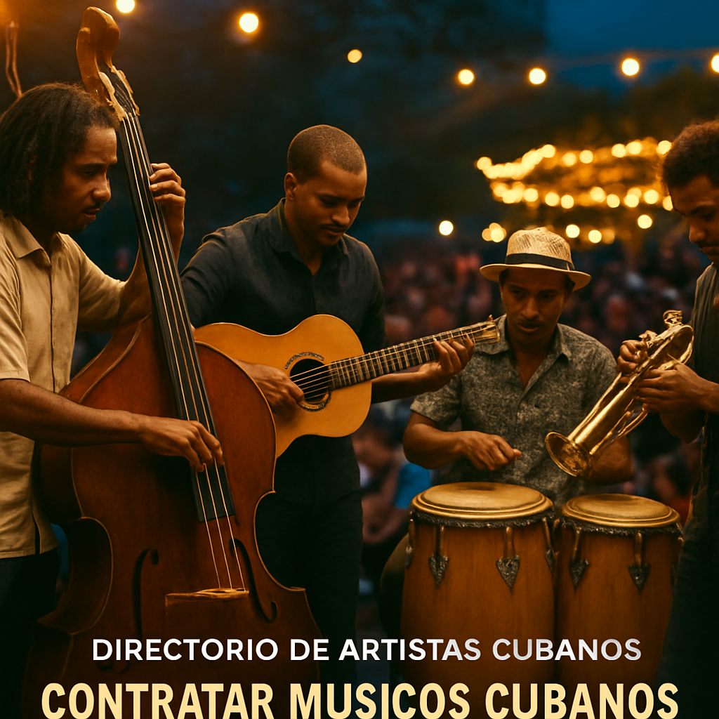 Un grupo de músicos cubanos afinando sus instrumentos en un escenario al aire libre, con luces cálidas y una multitud animada al fondo. Alt: Contratar artistas cubanos en España, prueba de sonido y logística.