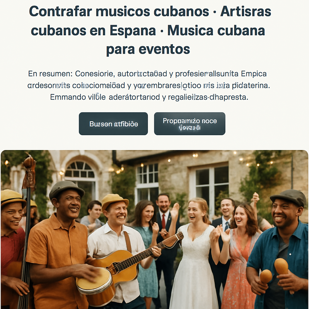 A vibrant scene of a Cuban band playing at a European wedding, showing musicians with traditional instruments and happy guests dancing. Alt: música cubana para eventos, artistas cubanos en Europa