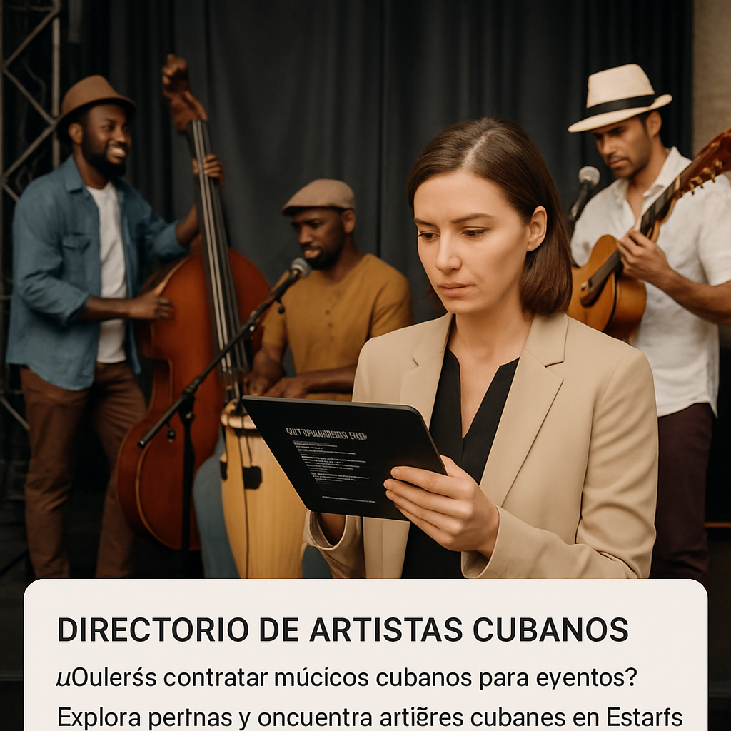 An event planner reviewing technical specs on a tablet beside a stage setup, with Cuban musicians preparing instruments. Alt: coordinación logística y requisitos técnicos para contratar artistas para eventos