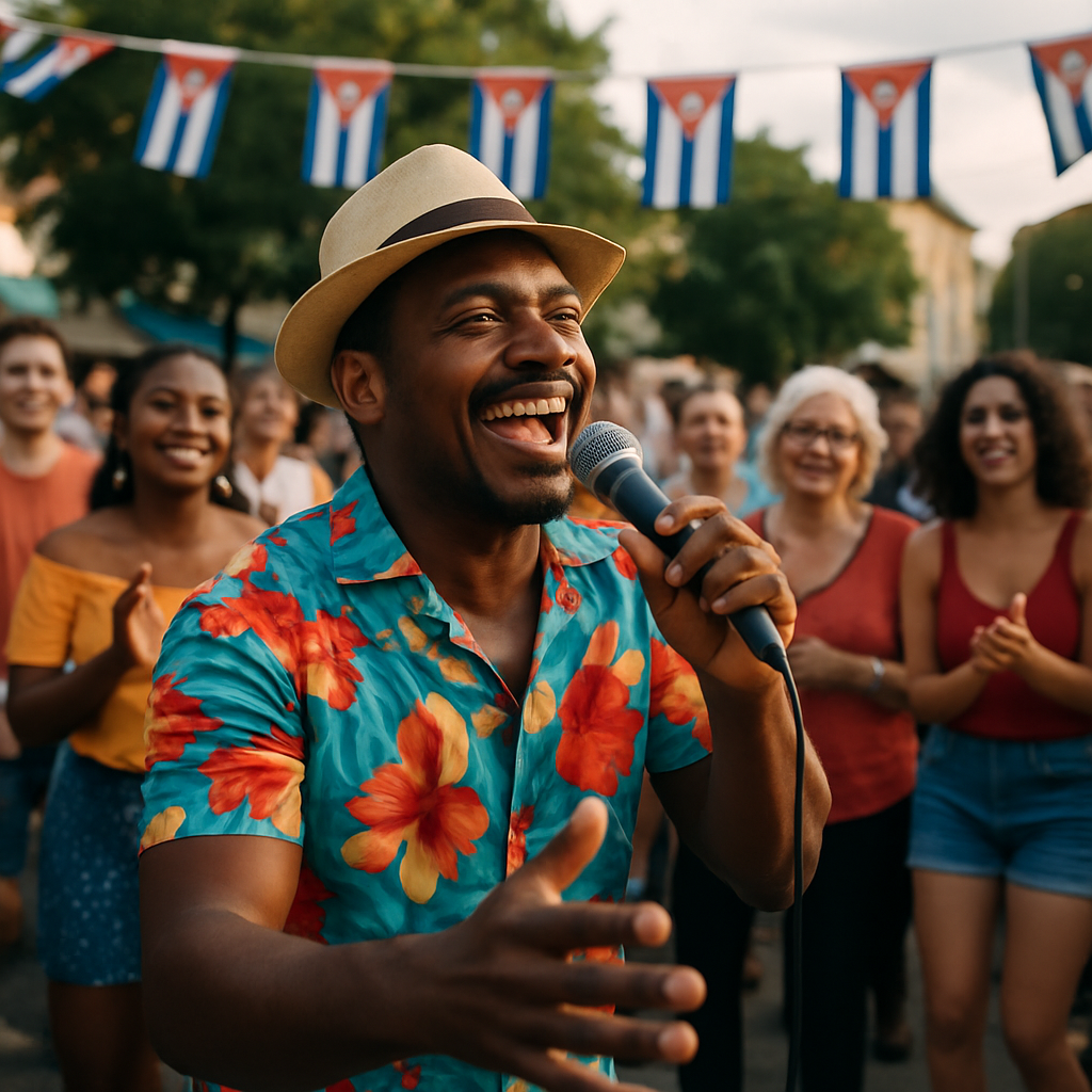 A lively Cuban singer performing in front of a mixed crowd at an outdoor event, capturing the vibrant atmosphere of live Cuban music. Alt: Contratar cantante cubano para eventos con estilo auténtico y ambiente vibrante.