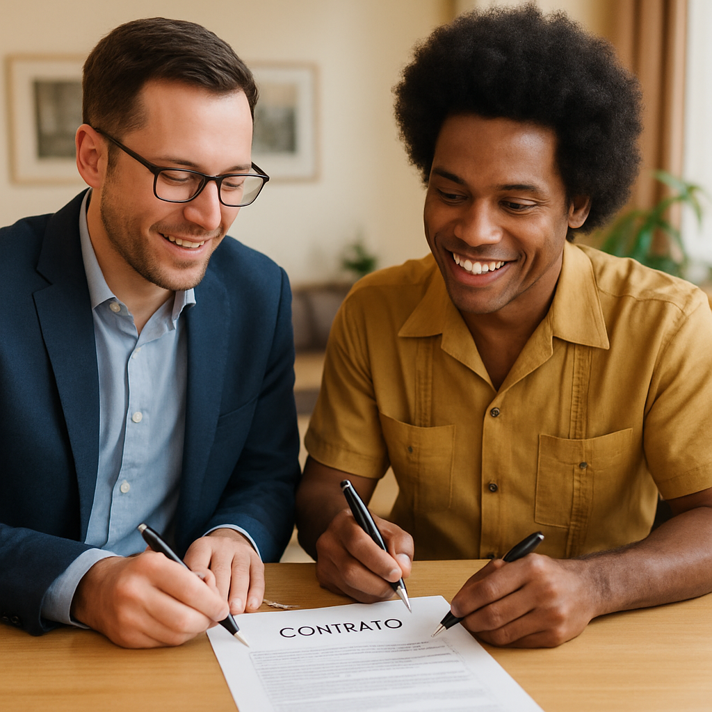 Una imagen que muestre un contrato siendo firmado entre un organizador de eventos y un músico cubano en un entorno amigable y profesional. Alt: Contratar cantante cubano en España con contrato legal y acuerdos claros.