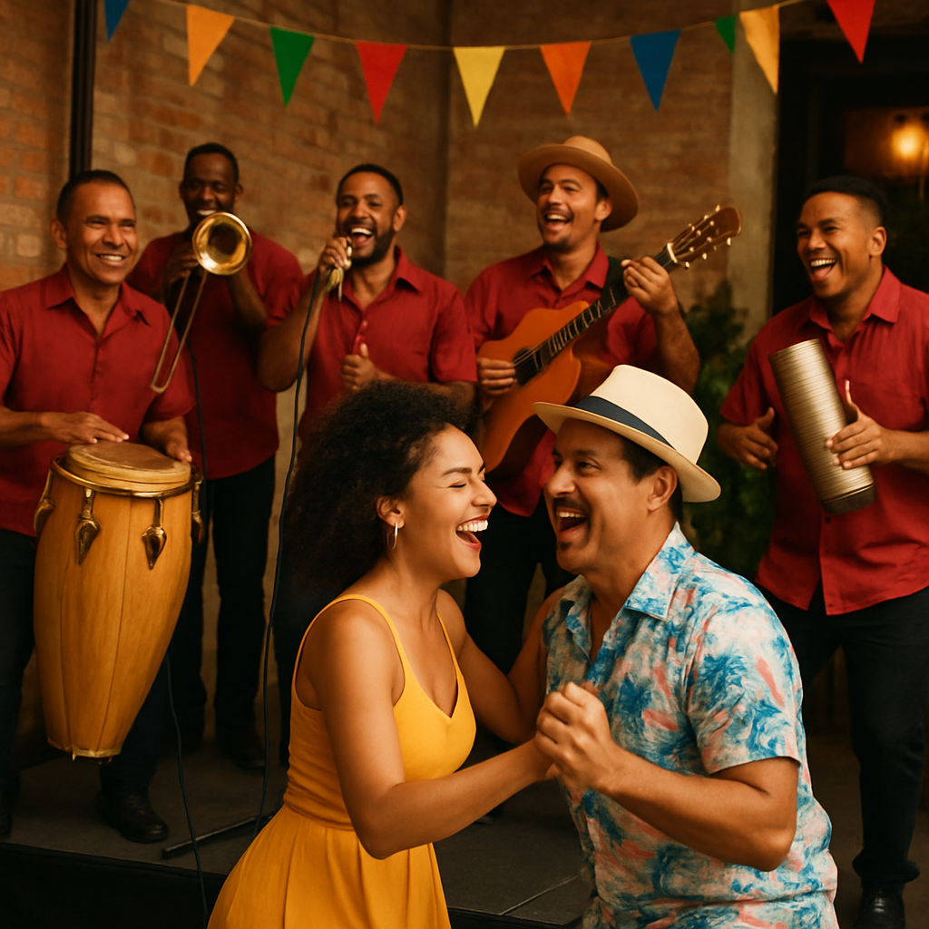 Grupo de salsa cubano en vivo tocando con alegría y bailarines en acción en un evento, ambiente festivo y auténtico. Alt: Contratar grupo de salsa para evento en vivo con música cubana auténtica.
