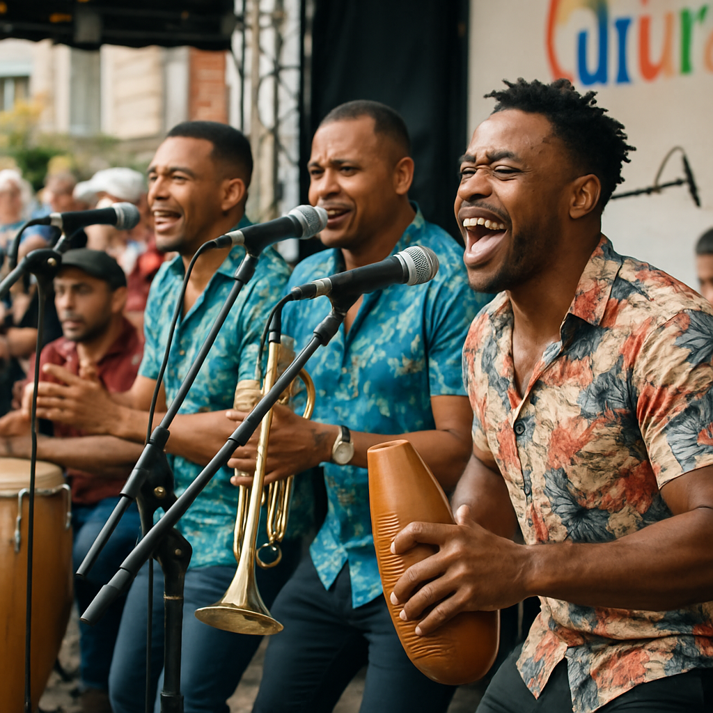 Una banda de salsa cubana en vivo durante un evento cultural, mostrando energía y conexión con el público. Alt: Grupo de salsa cubana en contratación para eventos en Europa