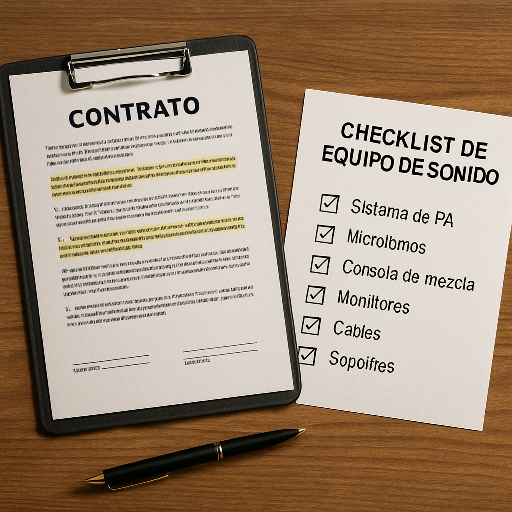 A professional contract table with highlighted clauses and a checklist of sound equipment, Alt: negociar contrato y logística para contratar grupo de son cubano