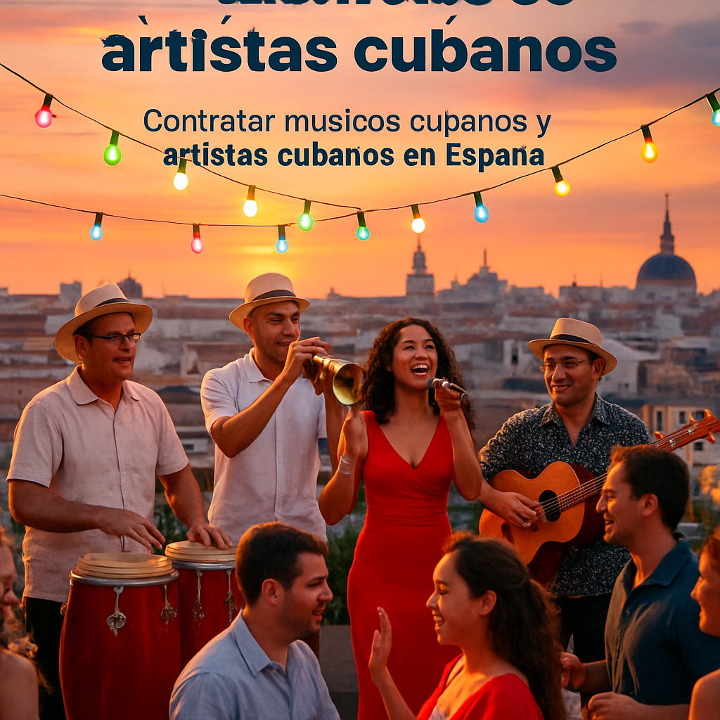 A vibrant scene of a Cuban salsa band performing on a rooftop in Madrid at sunset, with colorful lights and dancing guests. Alt: Grupo musical cubano en evento al aire libre Madrid, música cubana para eventos.
