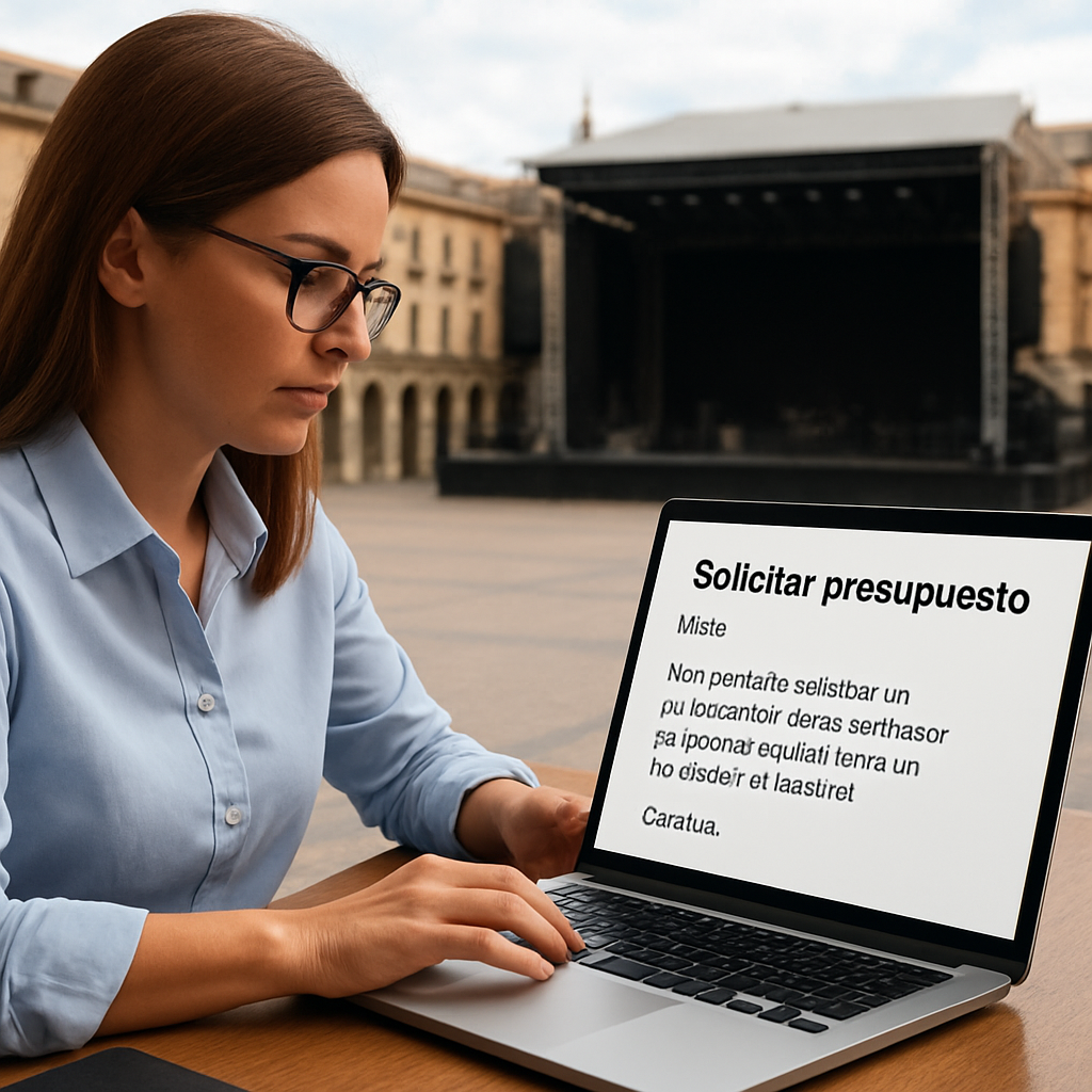A professional organizer typing an email request for a music group quote on a laptop, with a background of a Madrid event venue. Alt: contactar grupo musical madrid solicitar presupuesto