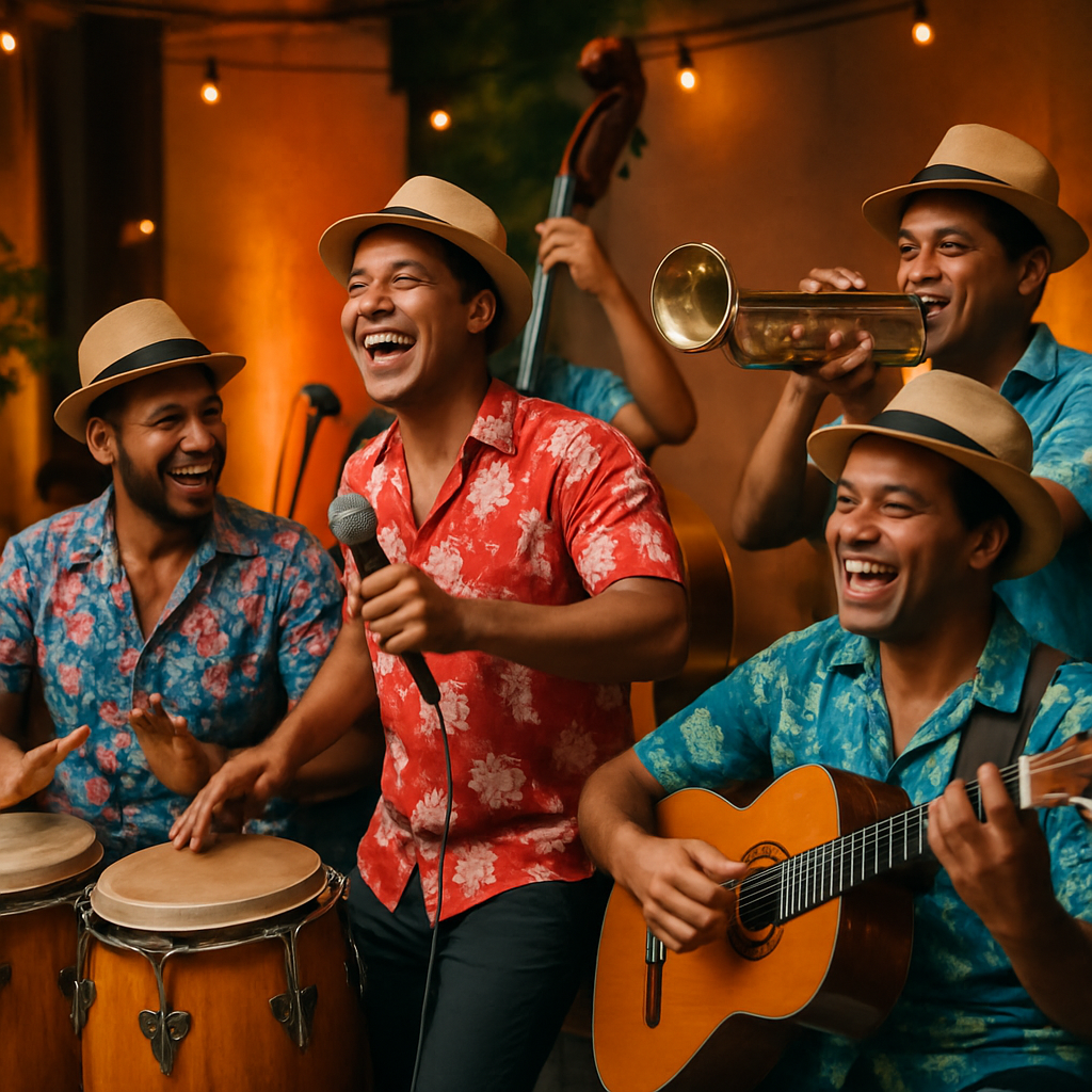 Imagen de una banda cubana tocando en vivo en un evento, con instrumentos tradicionales como congas y trompetas, mostrando alegría y movimiento. Alt: Contratar músicos cubanos para eventos en Europa con ritmo auténtico y vibrante.