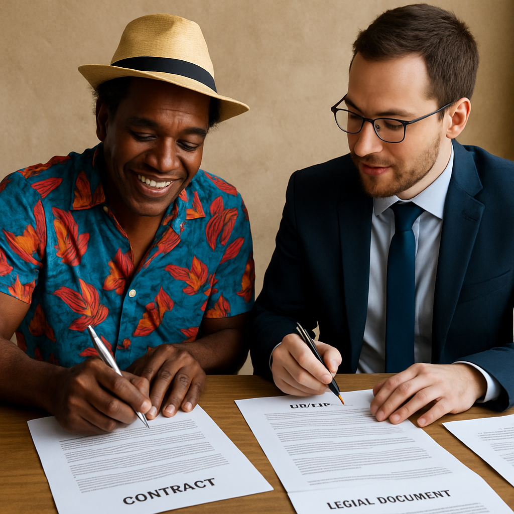 Imagen de un músico cubano firmando un contrato junto a un organizador de eventos, con documentos legales sobre la mesa. Alt: Contratar músicos cubanos con contratos claros y aspecto legales bien gestionados.