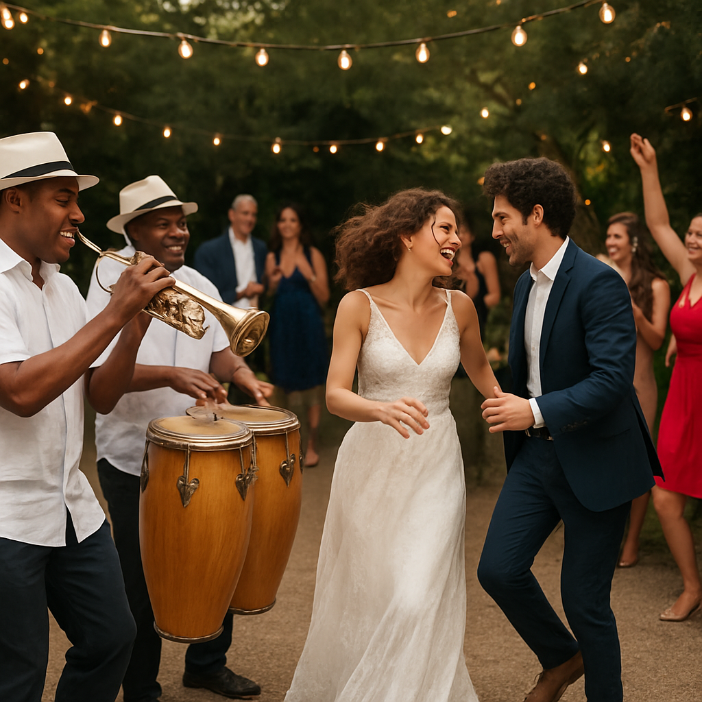 A lively outdoor wedding scene with Cuban musicians playing salsa, guests dancing under fairy lights. Alt: música cubana para eventos al aire libre, músicos cubanos en una boda europea.