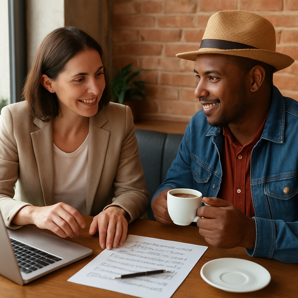 A friendly organizer discussing details with a Cuban musician over a coffee, with sheet music and a laptop on the table. Alt: contactar y negociar músicos para eventos
