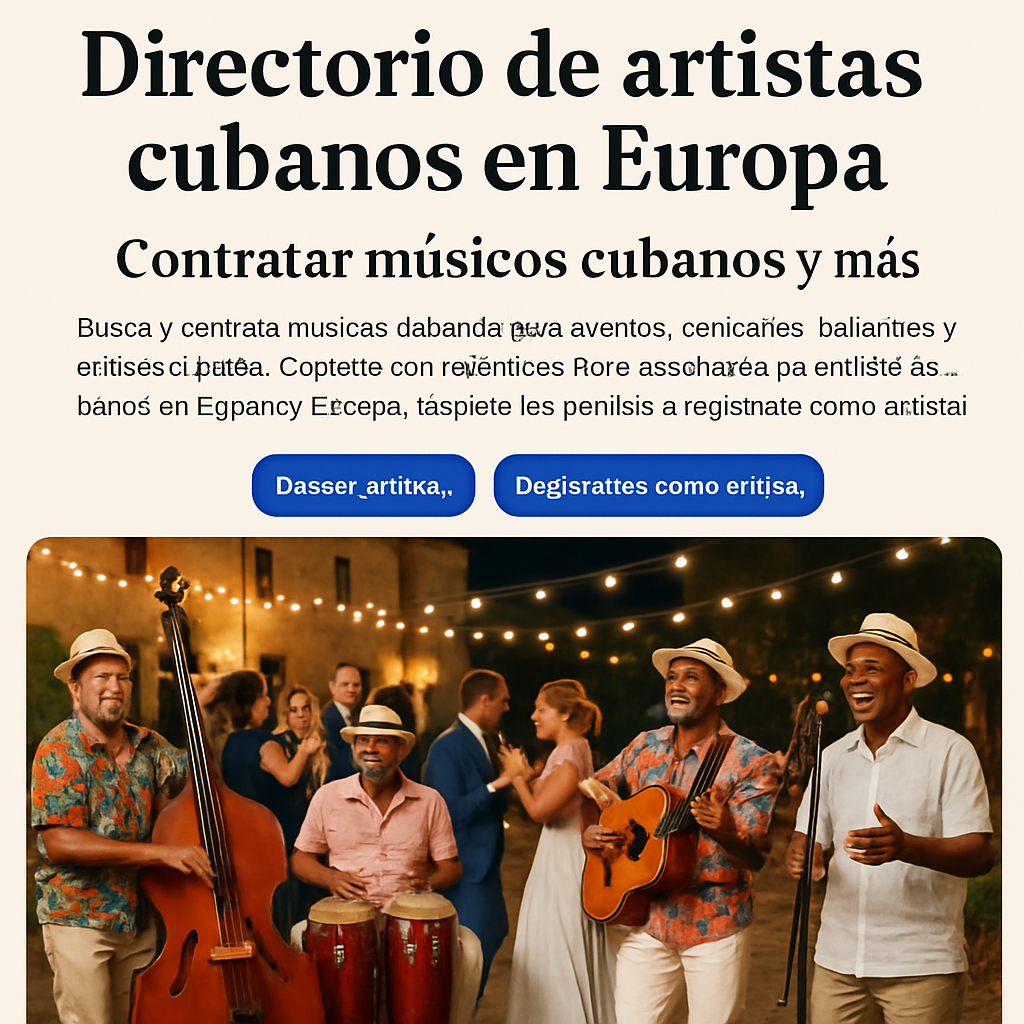 A vibrant scene of a Cuban band playing at a European outdoor wedding, with guests dancing under string lights. Alt: música cubana para eventos, banda cubana en boda europea