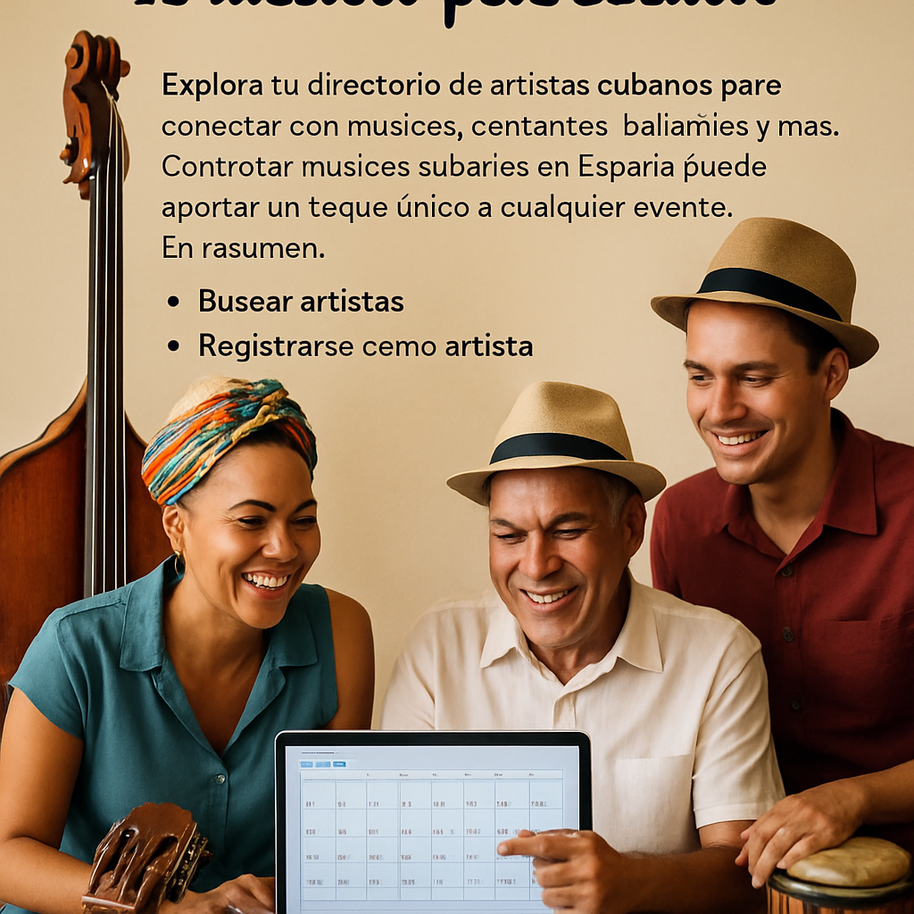 A smiling Cuban band checking a calendar on a laptop, with musical instruments around them. Alt: Verificar disponibilidad de músicos para eventos