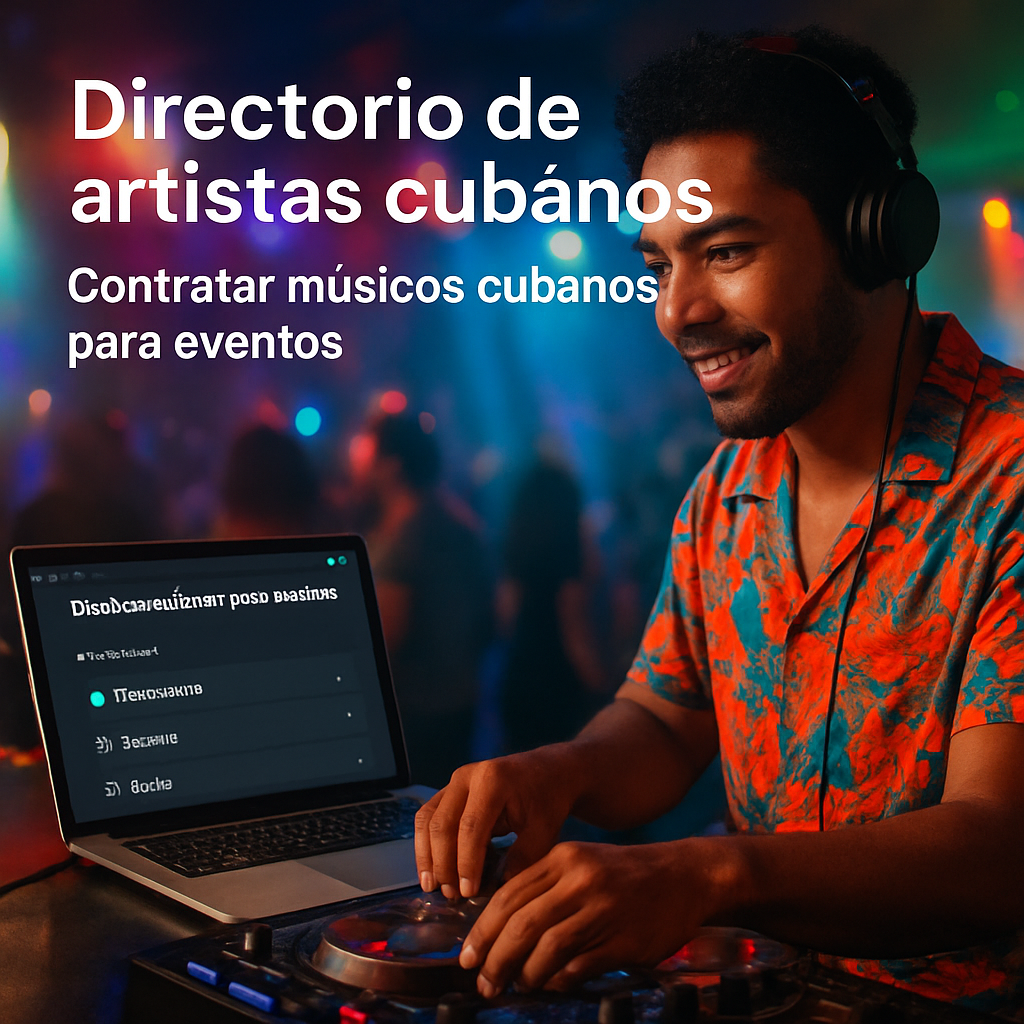A vibrant scene of a DJ mixing Cuban music at a European event, showing a laptop screen with a streaming playlist and colorful lights. Alt: promocionar pistas de musica cubana streaming en redes y directorios