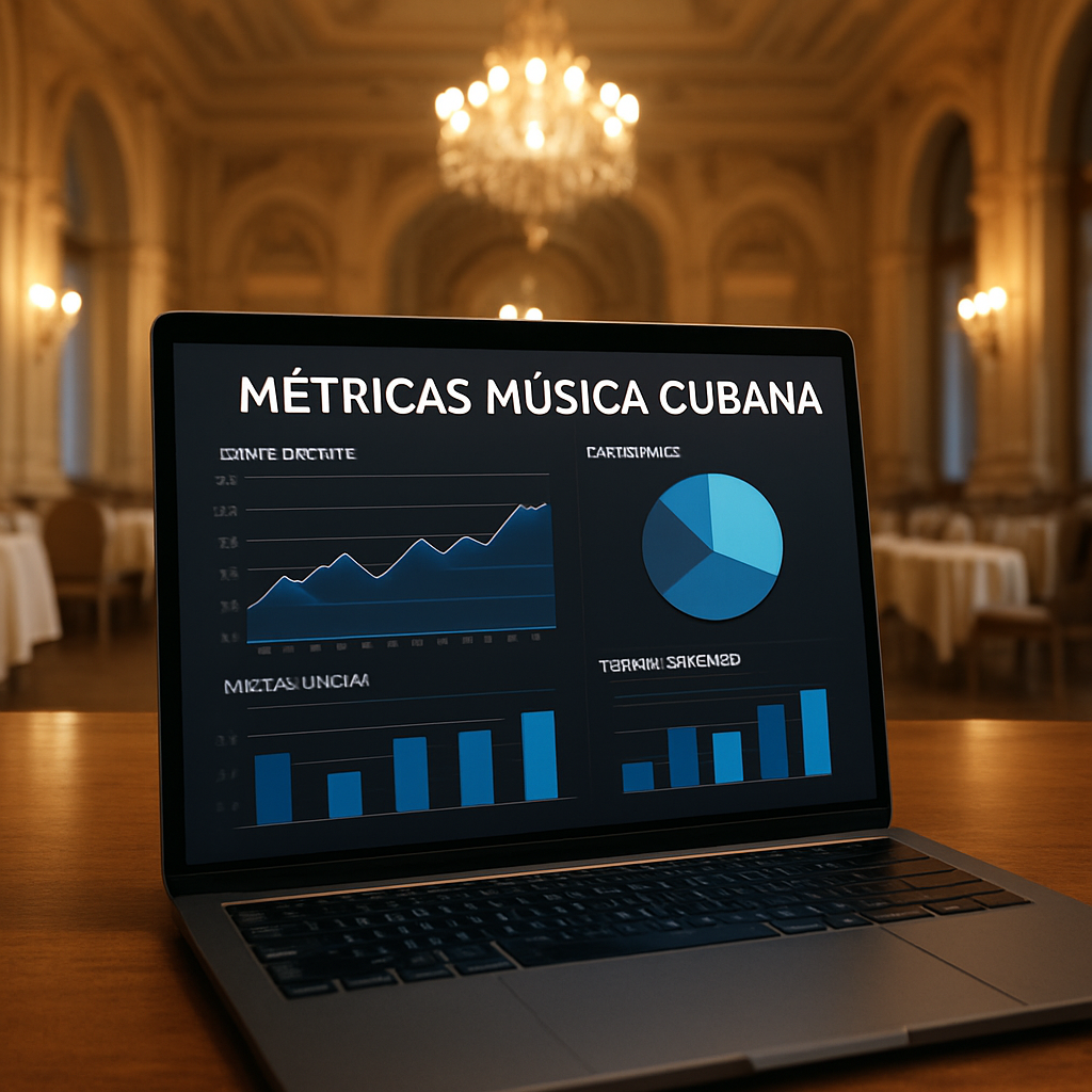 A sleek dashboard on a laptop showing charts of streaming metrics for a Cuban music event, with a background of a European ballroom. Alt: métricas música cubana streaming análisis de datos