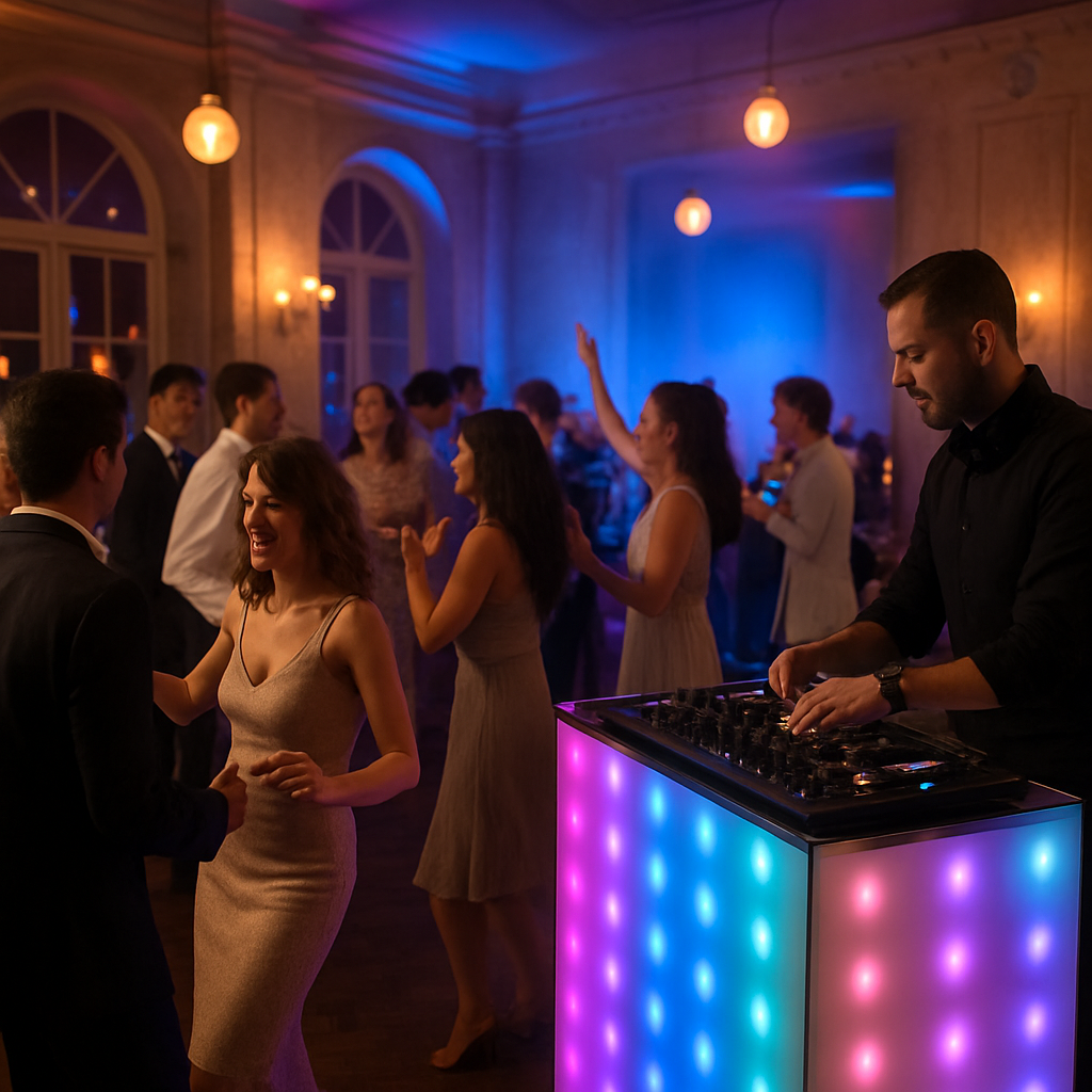 A stylish wedding reception with a DJ booth, colorful LED lighting, and guests dancing under soft ambient lights. Alt: DJ para bodas estilo musical y ambiente