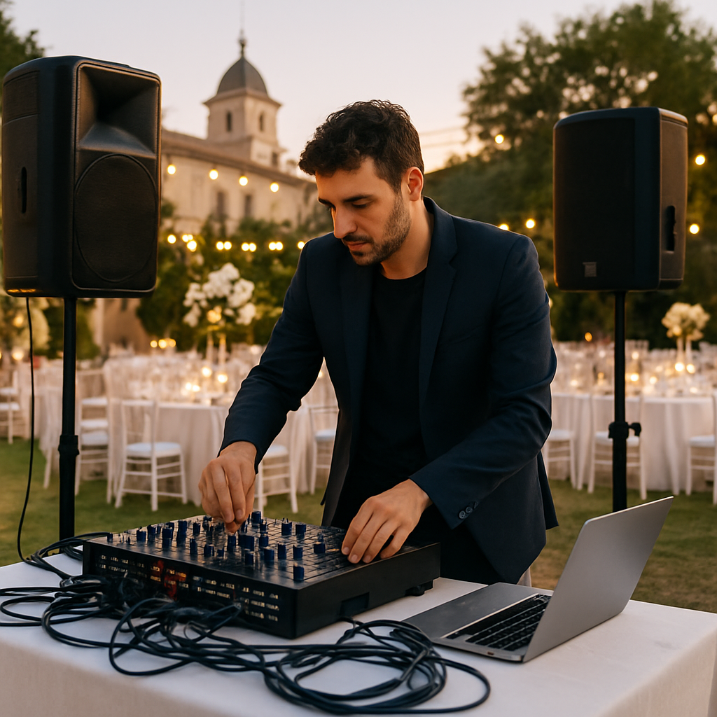 A professional DJ setting up sound equipment on a wedding venue stage, with cables, speakers, and a laptop, under soft evening lighting. Alt: Coordinación logística y requisitos técnicos para DJ en boda.