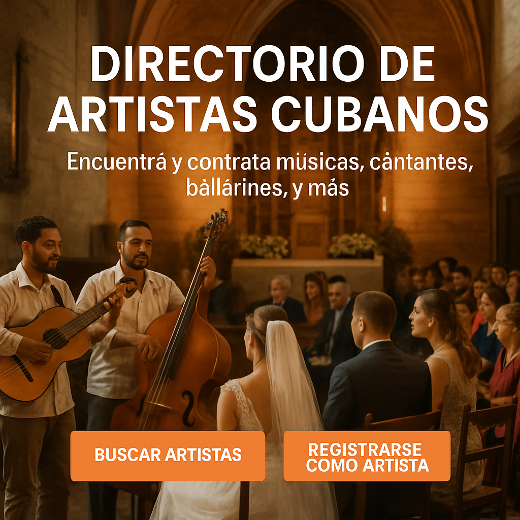 A romantic wedding ceremony with a Cuban trio playing soft bolero strings, background of a historic European church, warm lighting, guests listening attentively. Alt: grupo cubano para bodas estilo bolero en ceremonia.