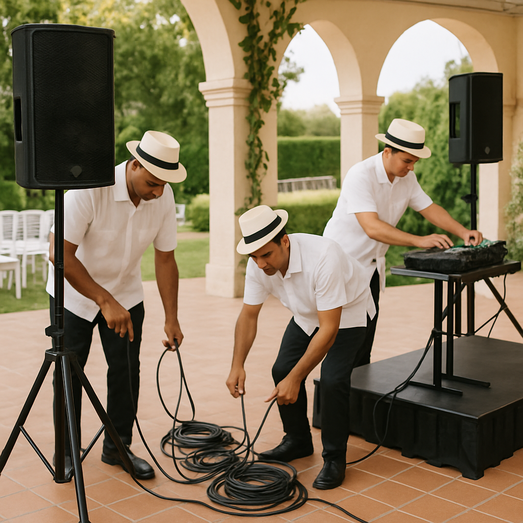 A professional Cuban trio setting up sound equipment on a wedding venue patio, with cables, speakers, and a small stage. Alt: grupo cubano para bodas instalando equipo de sonido en una terraza al aire libre.