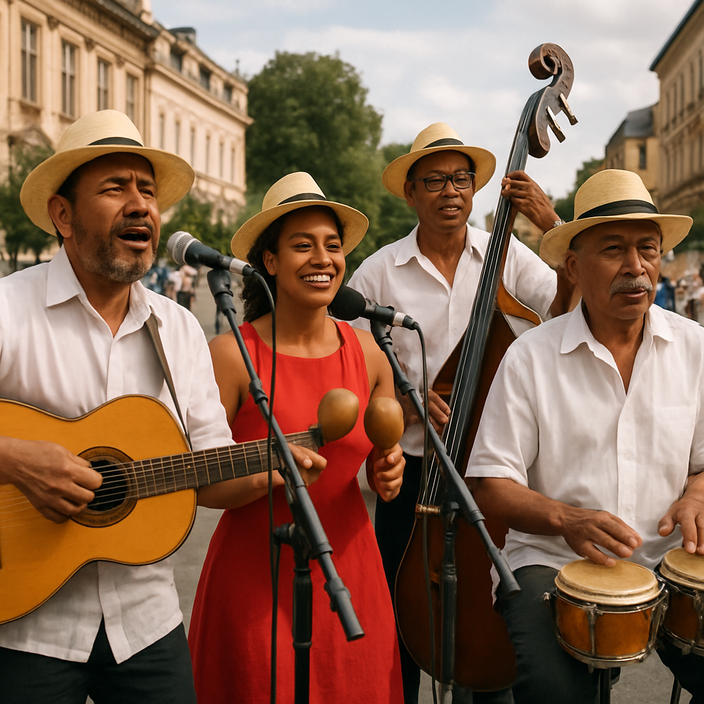 Grupo cubano animando un evento al aire libre en Europa, con instrumentos tradicionales cubanos. Alt: Grupo cubano para eventos tocando son cubano y cha-cha-chá en concierto en Europa.