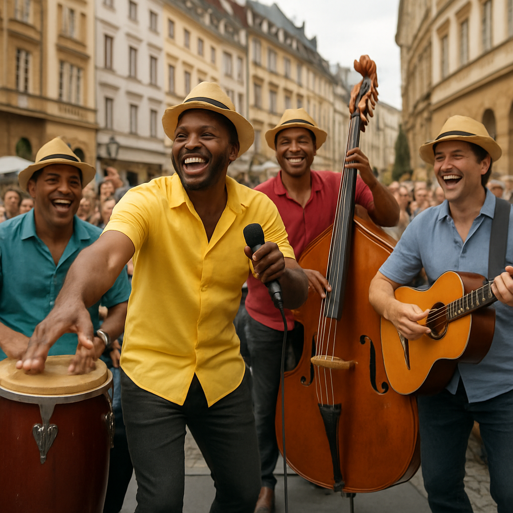 Una banda cubana en vivo actuando en un evento en Europa, mostrando alegría y conexión con el público. Alt: Grupo cubano para eventos auténtico y profesional en Europa.