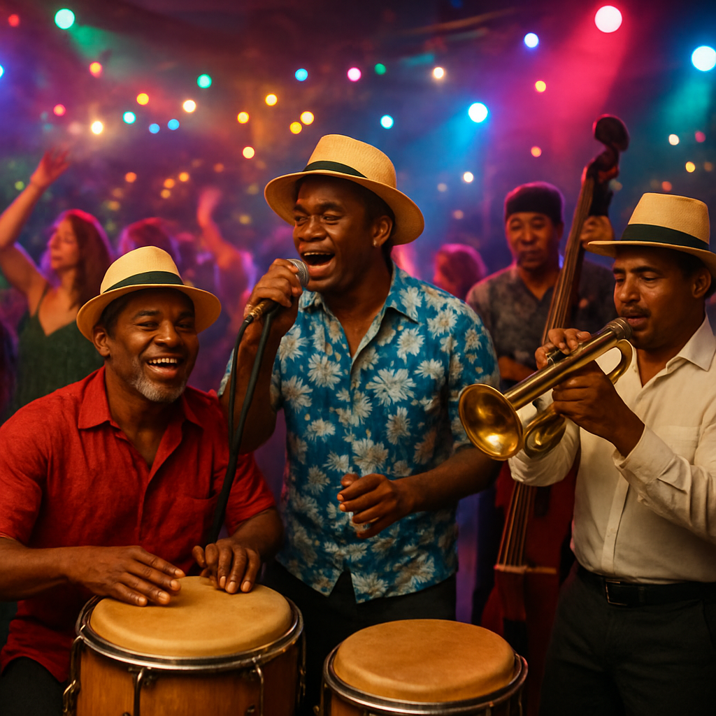 A vibrant scene of a Cuban band playing at a European party, with colorful lights and dancing guests. Alt: grupo cubano para fiestas en evento europeo
