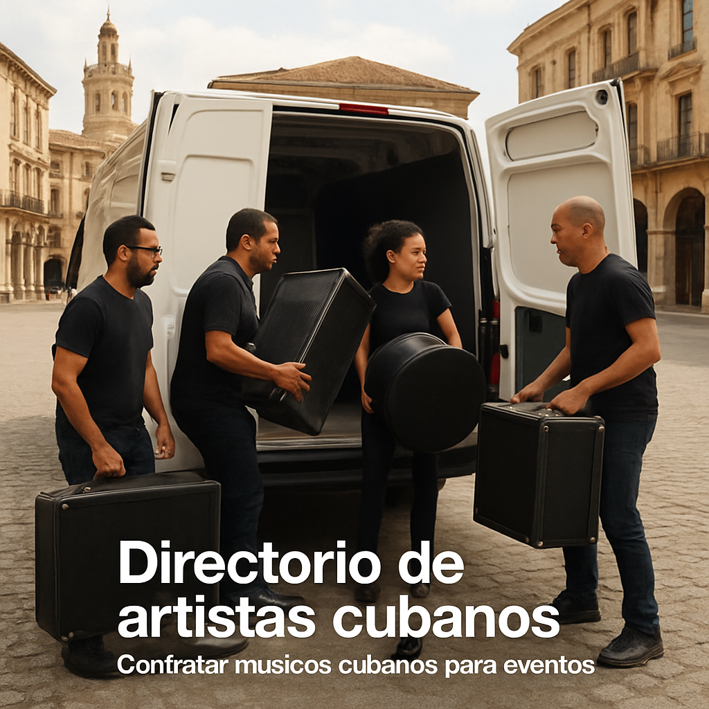 A professional crew loading musical equipment into a van, with the backdrop of a European city square. Alt: logística del grupo cubano para fiestas