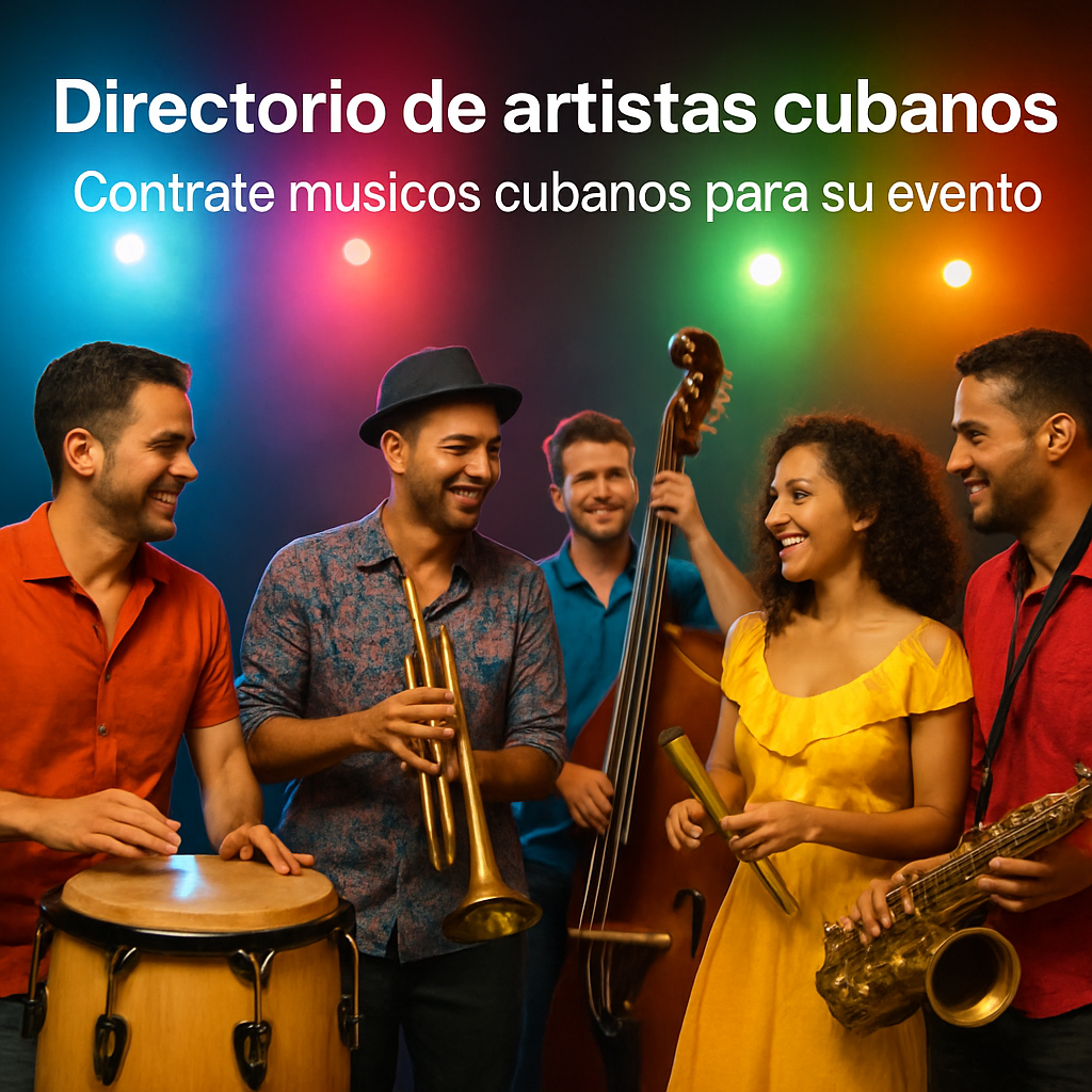A vibrant Cuban salsa band rehearsing on a stage with colorful lights, musicians smiling and checking their instruments. Alt: 