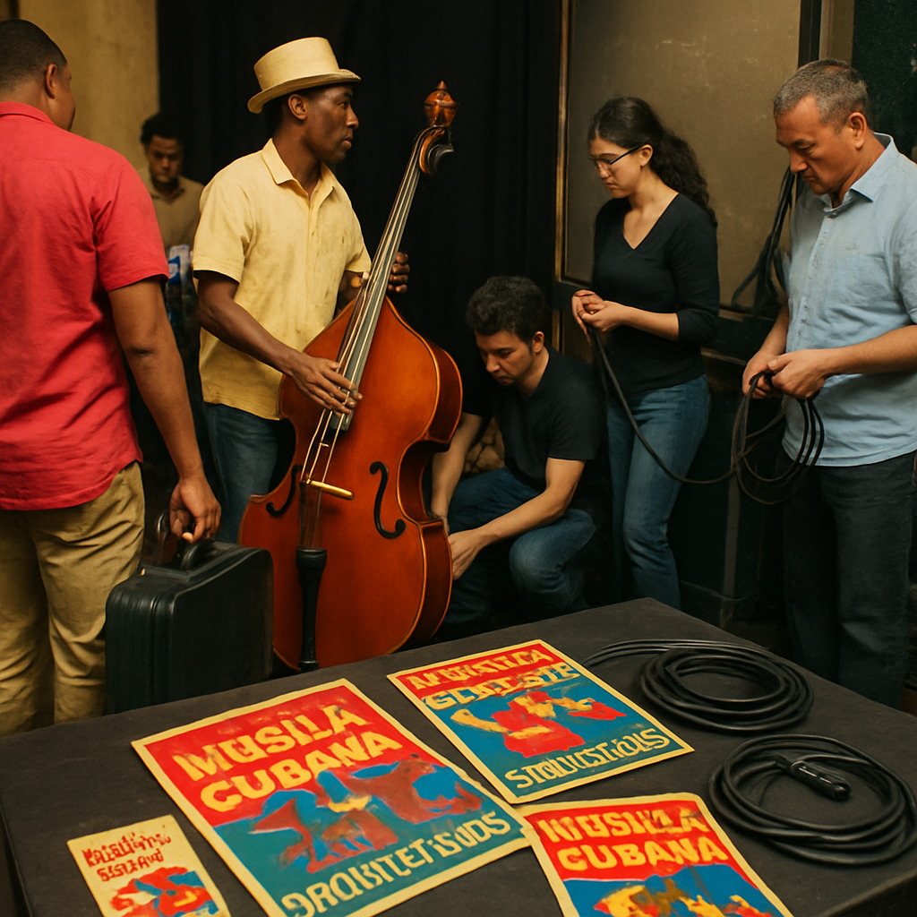 A vibrant backstage scene with a Cuban band loading instruments, crew checking sound cables, and promotional flyers on a table. Alt: Coordinación logística y promoción de evento musical cubano