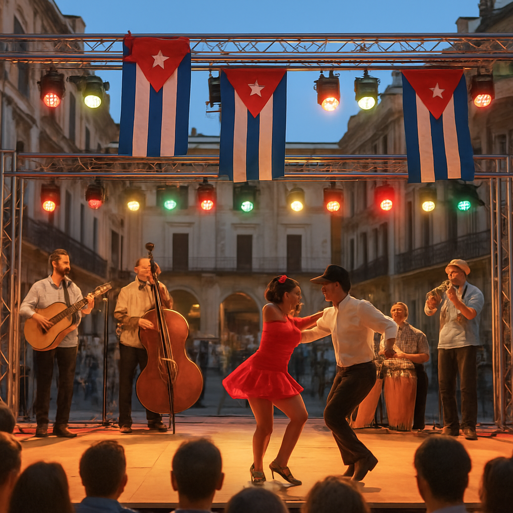A vibrant outdoor stage in a European plaza, decorated with Cuban flags and colorful lighting, highlighting a live band and dancers performing under warm LED lights. Alt: escenario al aire libre con iluminación LED para espectáculo cubano.