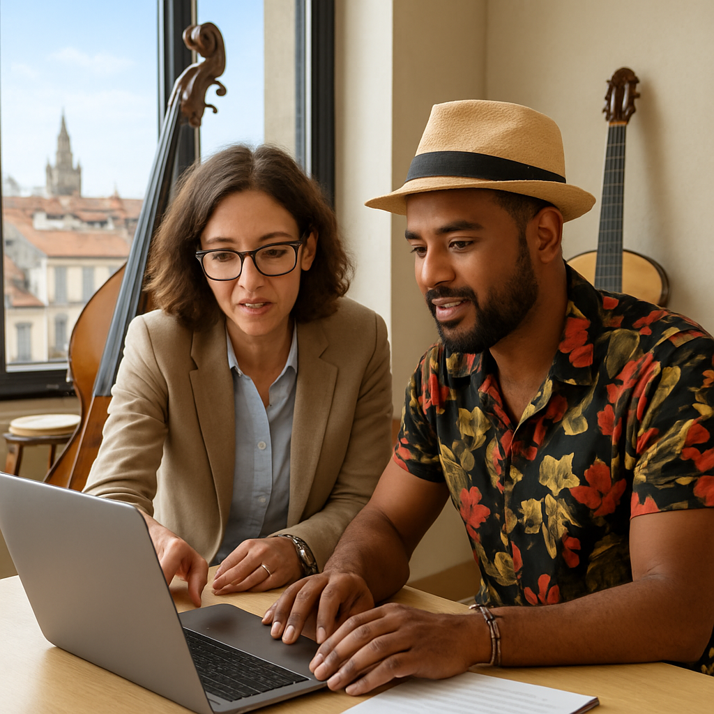 A professional meeting between an event organizer and a Cuban artist, reviewing a contract on a laptop, with musical instruments in the background. Alt: negociación de contrato con agencia de artistas para eventos en Europa