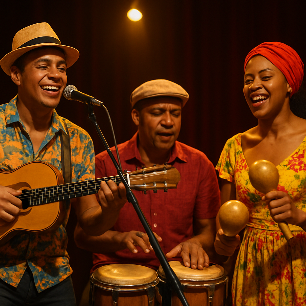 A vibrant Cuban trio on stage, with traditional instruments like tres, bongos, and maracas, bathed in warm stage lighting. Alt: Grupo de artistas cubanos tocando son en vivo, ideal para eventos.