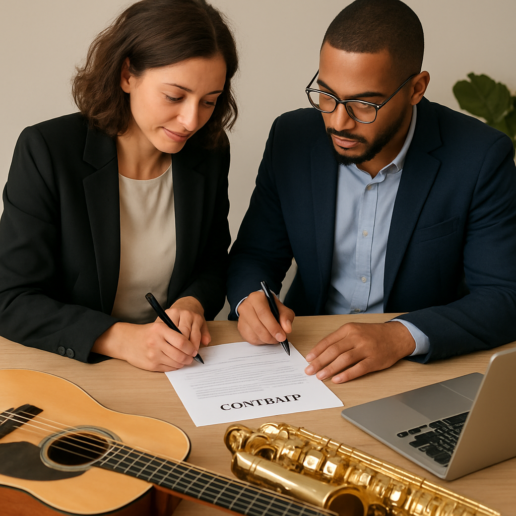 A professional meeting where an event organizer and a music agency representative sign a contract, with musical instruments and a laptop on the table. Alt: Negociación de contrato con agencia de artistas musicales
