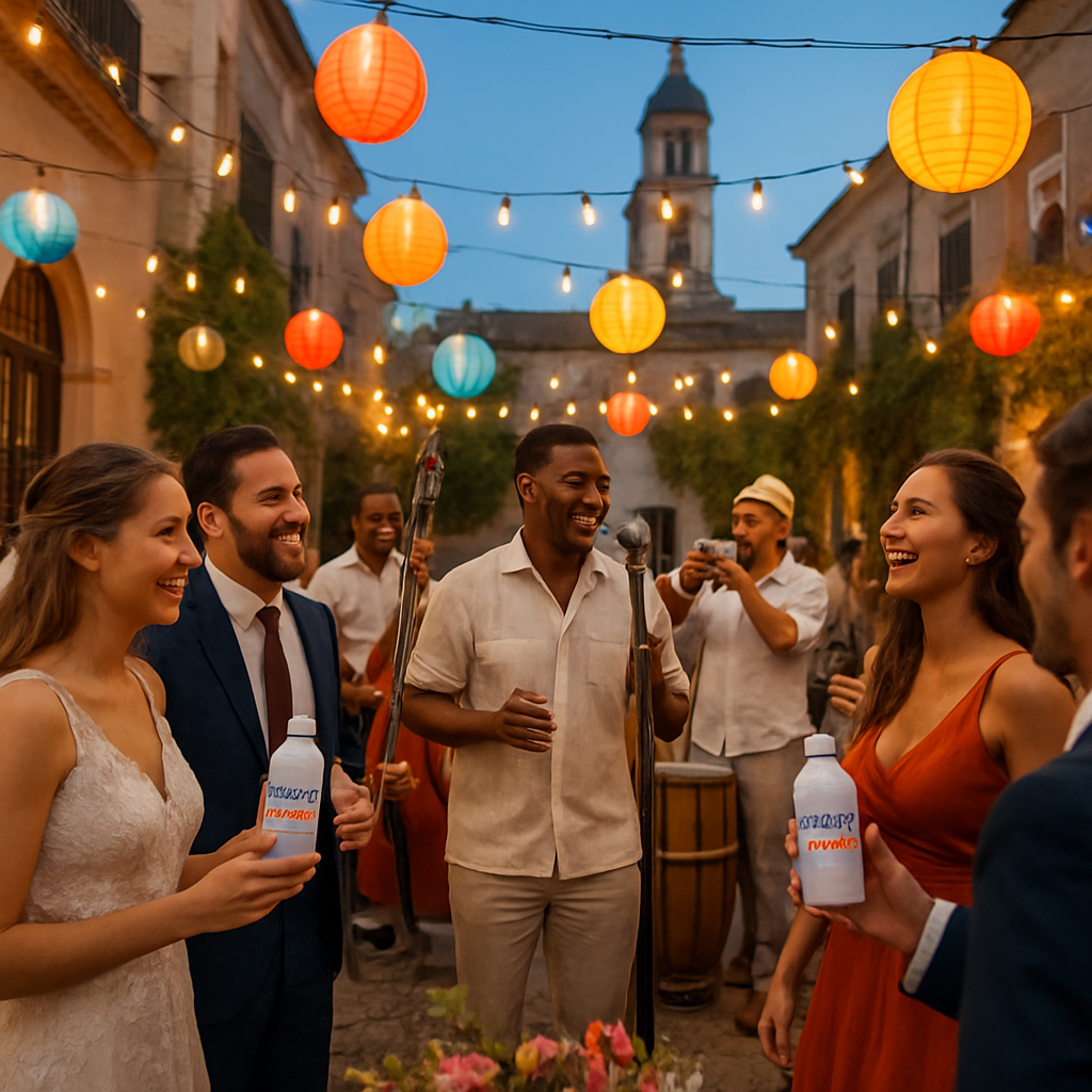 A vibrant wedding reception with a live Cuban band playing, colorful lanterns hanging overhead, and guests holding custom-branded water bottles. Alt: música para bodas con influencia cubana, banda en vivo, iluminación y botellas personalizadas