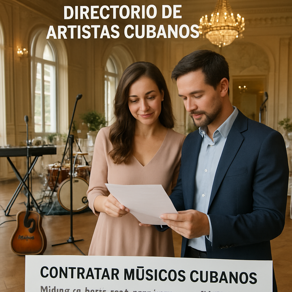 A couple reviewing a contract with a live band setup in a wedding venue, Alt: negociación contrato música para bodas
