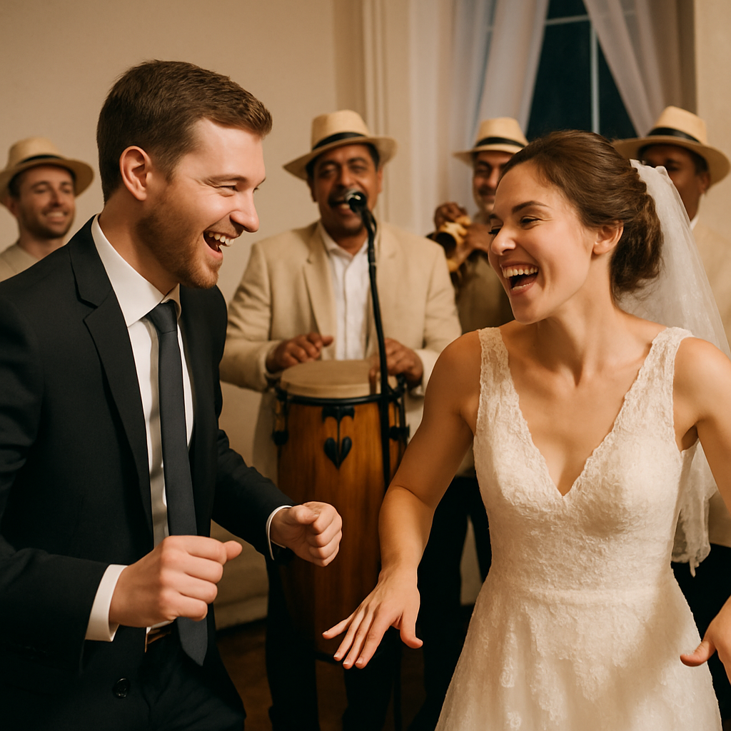 Pareja bailando animadamente en una boda con músicos cubanos en vivo, reflejando el ambiente festivo y auténtico. Alt: Música en vivo para bodas con artistas cubanos creando ambiente animado y auténtico