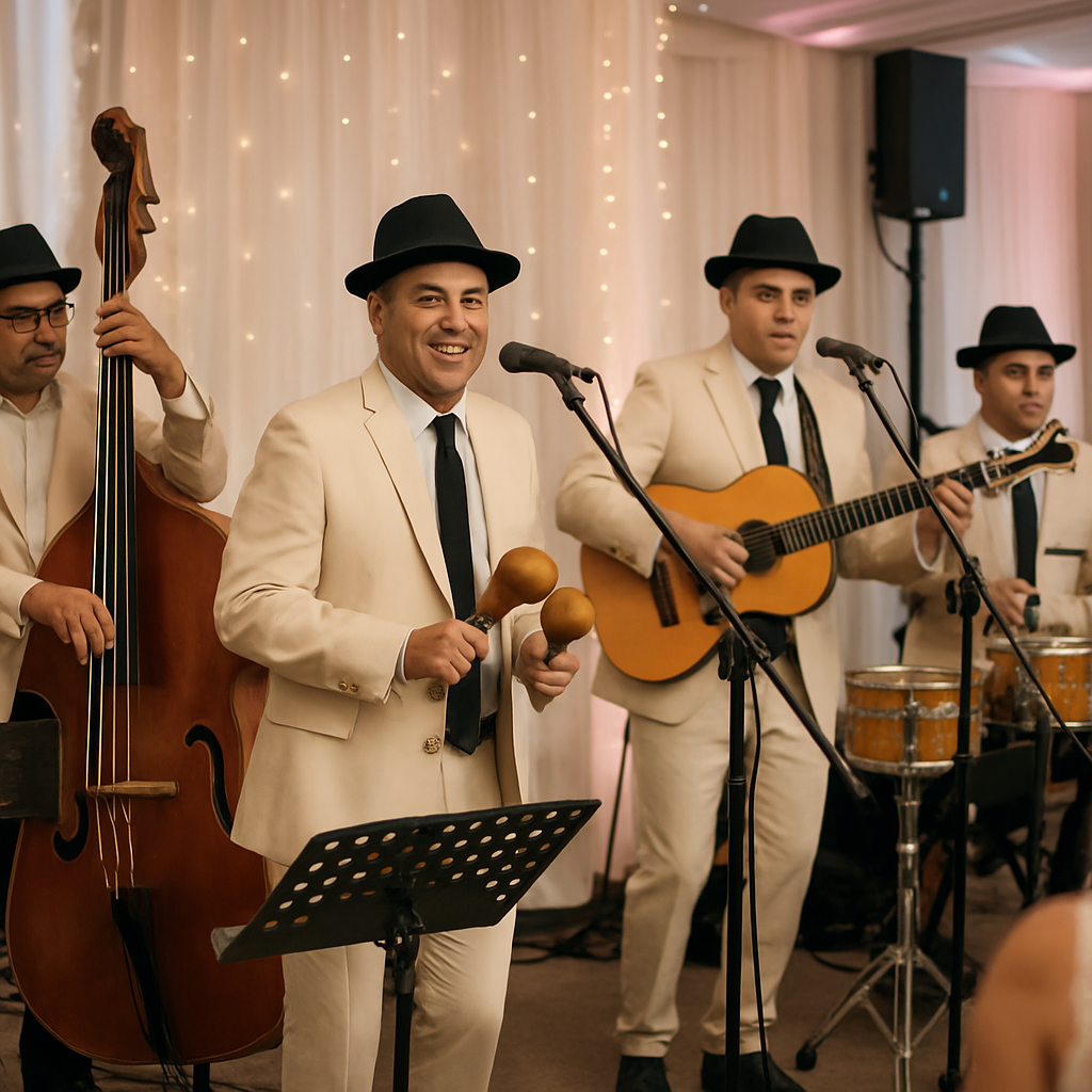 Una banda cubana tocando en vivo en una boda, con músicos coordinados y un montaje profesional, reflejando ambiente alegre y organizado. Alt: Música en vivo para bodas con banda cubana impecablemente planificada.
