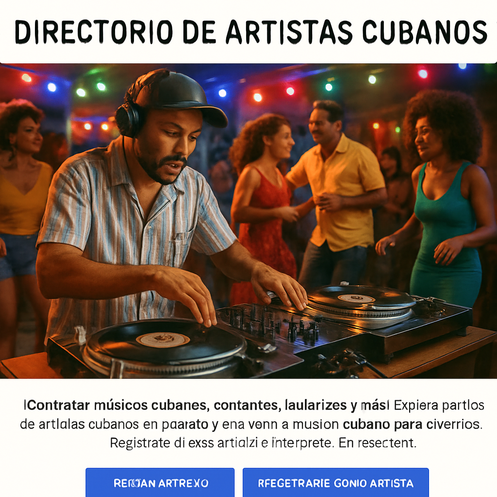 A lively Cuban party scene with a DJ mixing vinyl records, guests dancing to salsa and timba under colorful lights. Alt: dj cubano para fiestas con repertorio cubano variado.
