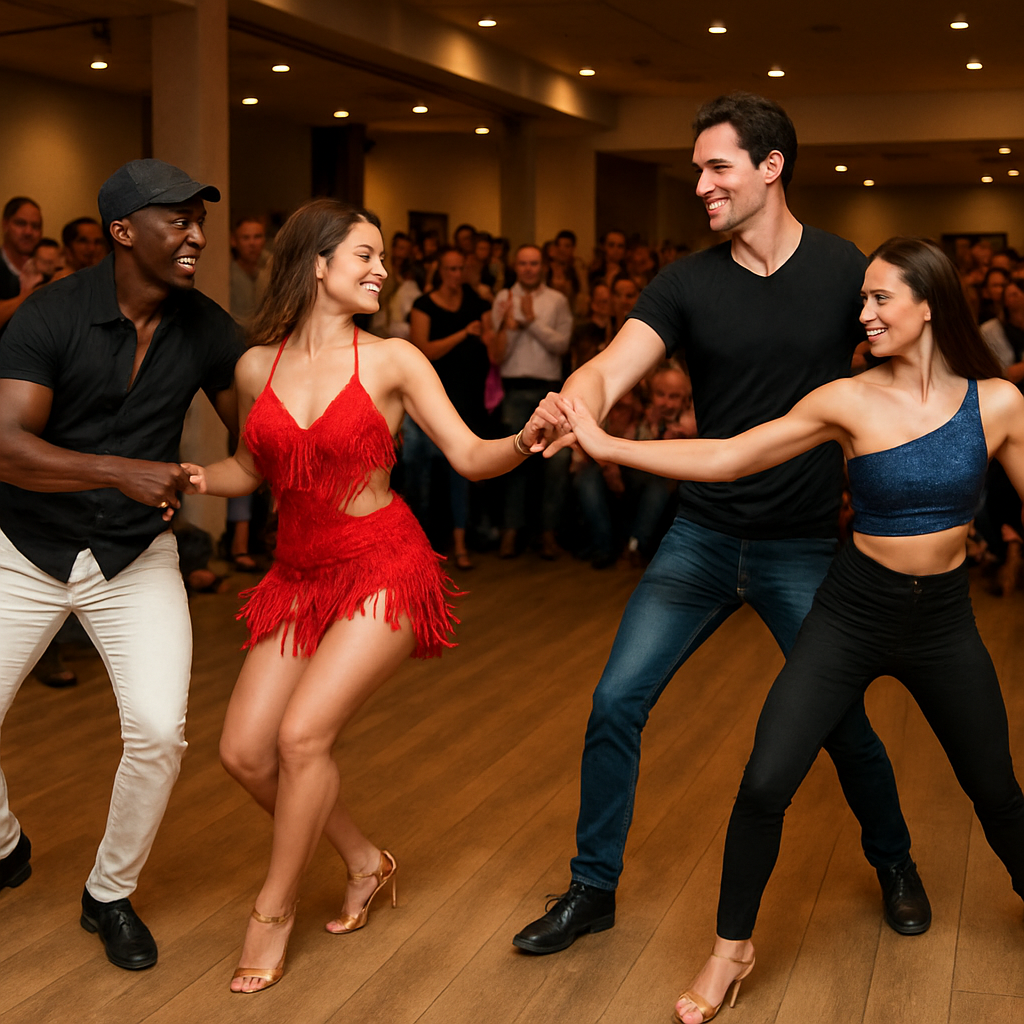 Bailarines profesionales de salsa cubana y salsa en línea realizando una coreografía interactiva en un evento social. Alt: Bailarines de salsa para eventos mostrando estilos cubano y en línea, interactuando con el público en una fiesta en Europa.