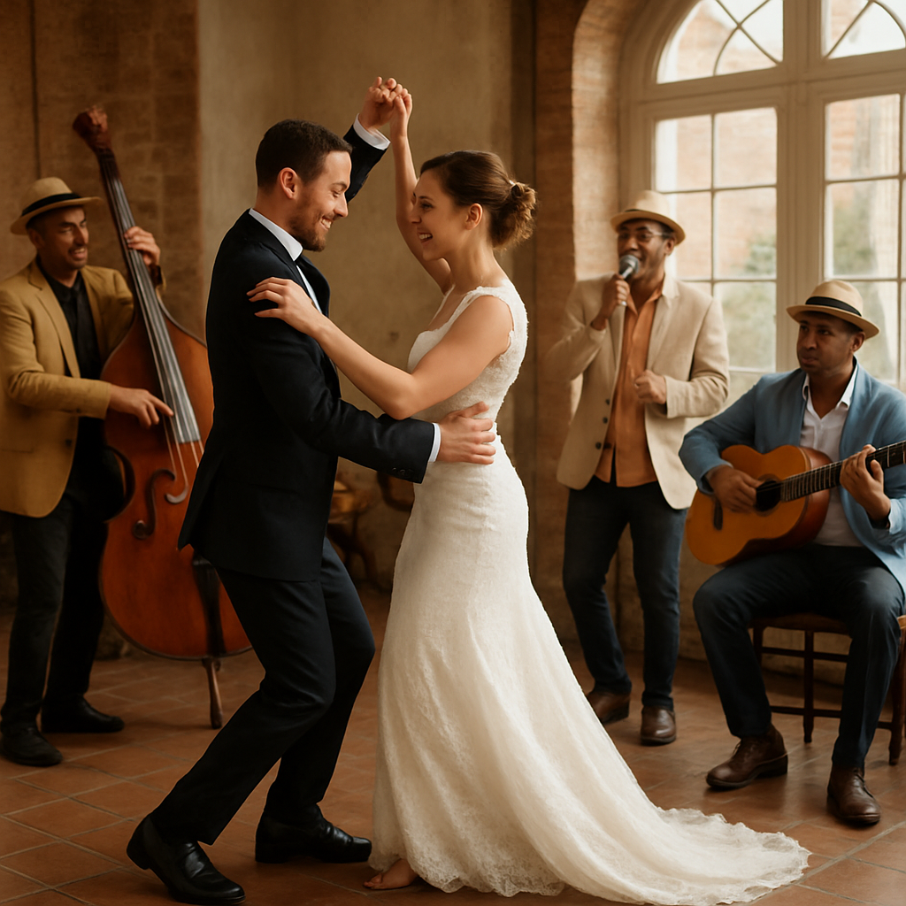 Una pareja bailando salsa en su boda, rodeada de músicos cubanos en vivo tocando ritmos latinos. Alt: música latina para bodas con músicos cubanos en vivo creando conexión cultural y emocional.