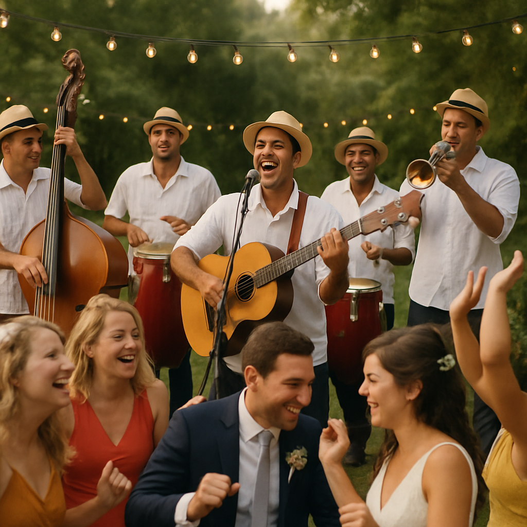 Una banda cubana tocando en vivo en una boda al aire libre con invitados bailando con entusiasmo. Alt: Música latina para bodas con banda en vivo animando a los invitados.