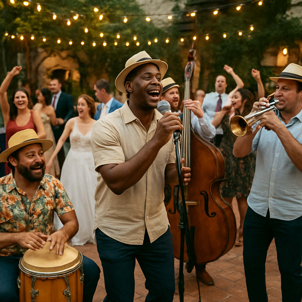 A vibrant scene of a Cuban live band performing at a European outdoor wedding, with guests dancing under fairy lights. Alt: música en vivo cubana para eventos en Europa