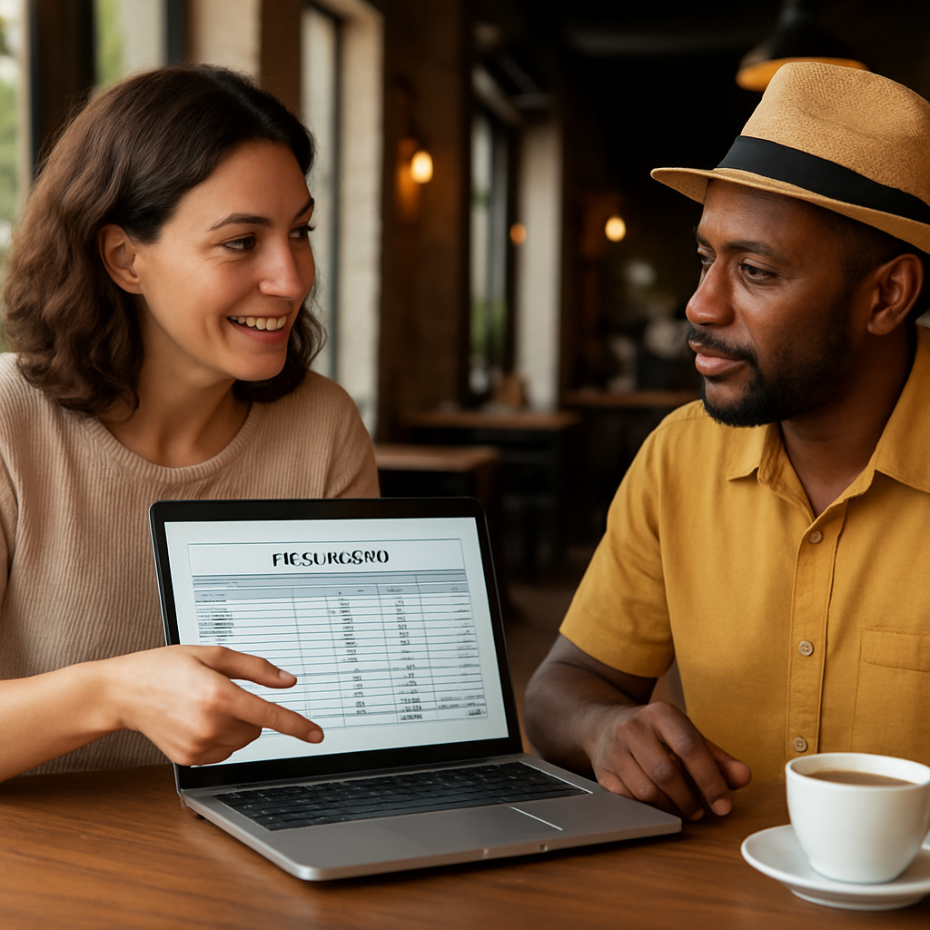 A friendly organizer discussing a contract with a Cuban musician over a laptop, showing a spreadsheet of budget and a calm coffee shop setting. Alt: negociando tarifas música en vivo cerca de mi