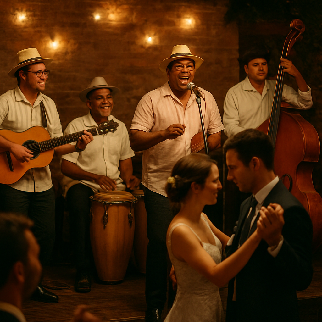 Una banda cubana en un escenario íntimo durante una boda en Madrid. Alt: músicos cubanos tocando son en vivo, ambiente cálido y gente bailando, musica en vivo.
