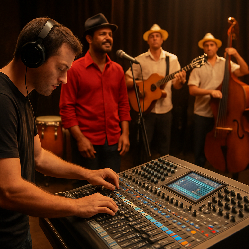 A crew member checking sound levels on a mixing console while a Cuban band prepares on stage, Alt: Evaluar calidad del espectáculo música en vivo