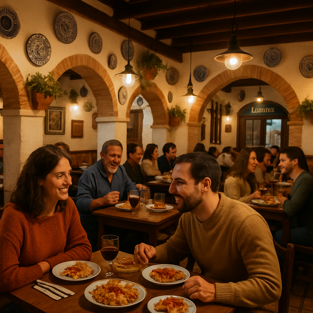 Fotografía cálida de un restaurante local en Córdoba con ambiente acogedor, clientes contentos y platos típicos en la mesa. Alt: Contenido visual atractivo que muestra un restaurante local en Córdoba para potenciar el SEO local para restaurantes.